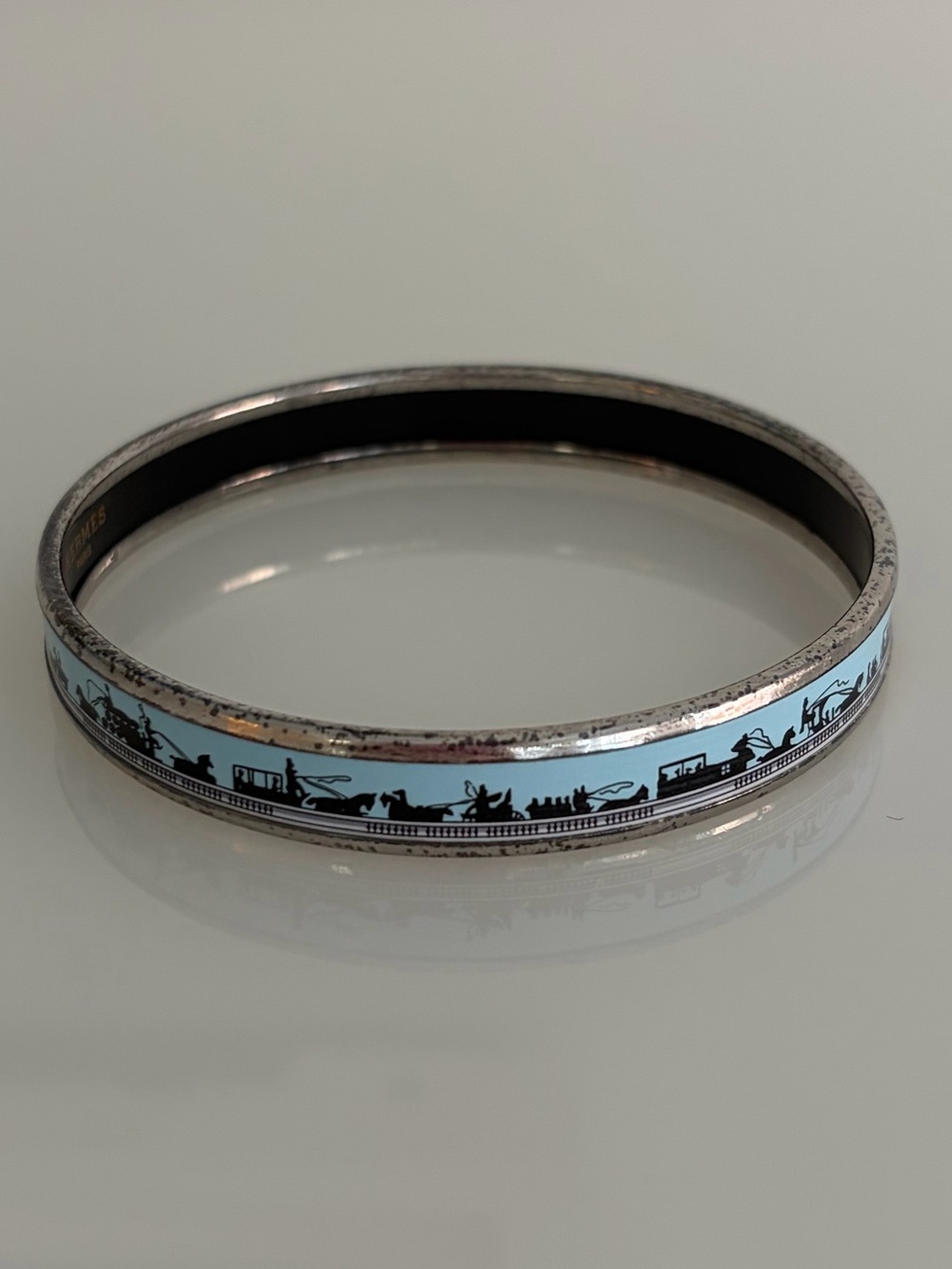 Hermès Vintage Enamel Bangle Bracelet | Blue Animal Silhouette Print | Made in A